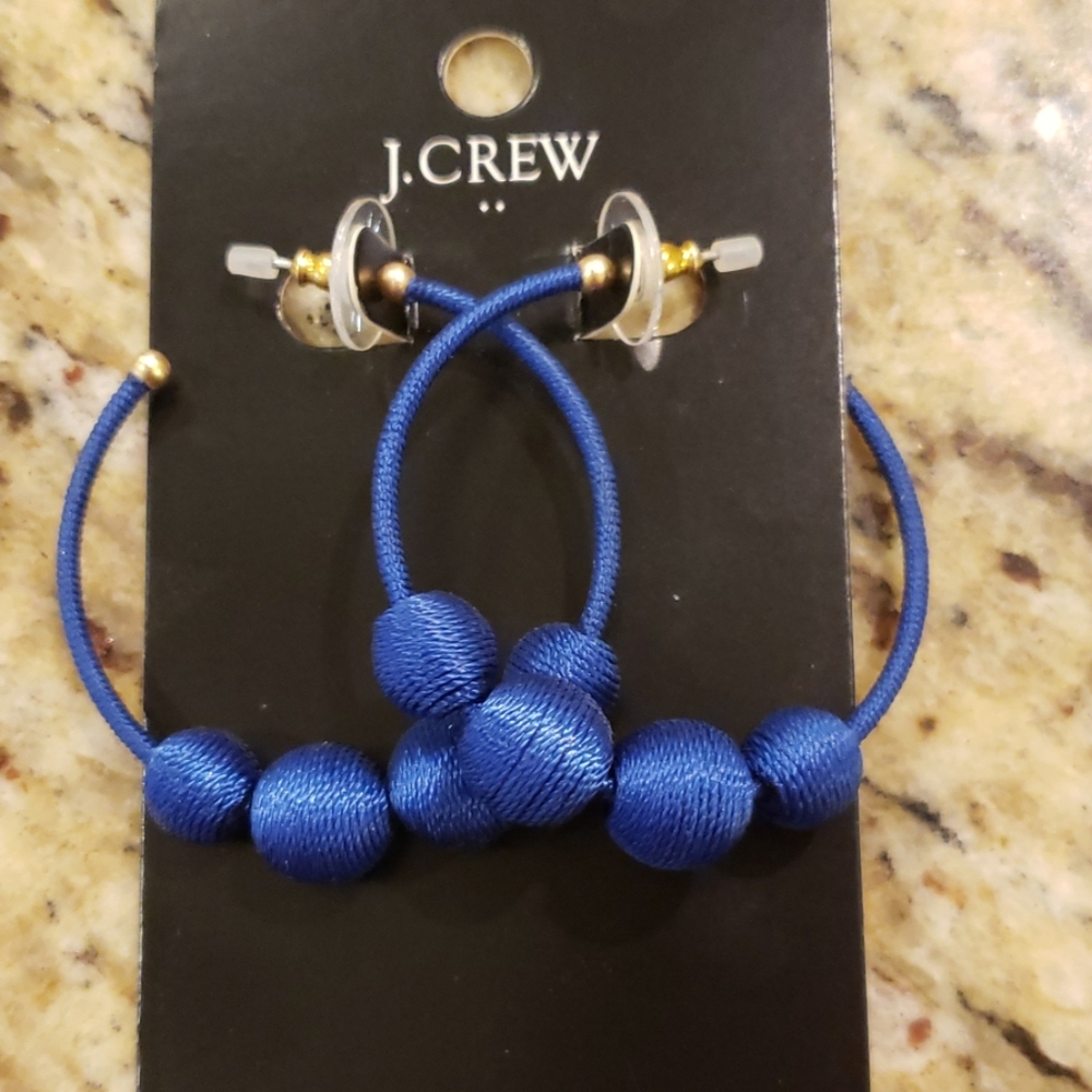 J. Crew Hoop Earrings Orb Thread NWT Blue Aqua - Picture 2 of 4